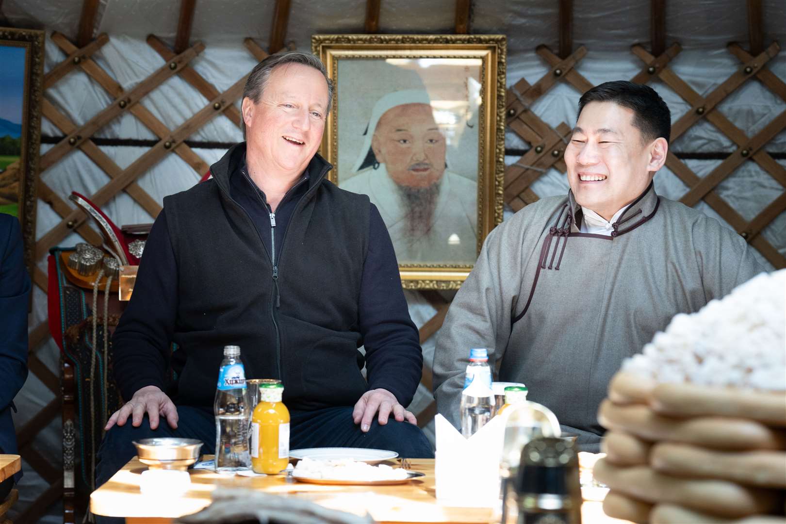 Lord Cameron has tea with Mongolian Prime Minister Oyun-Erdene Luvsannamsrain (Stefan Rousseau/PA)