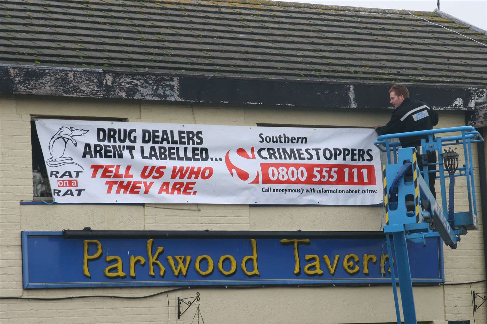 Police hung a giant anti-drug dealing banner at the Parkwood Tavern, Maidstone in 2006. Picture: John Westhrop