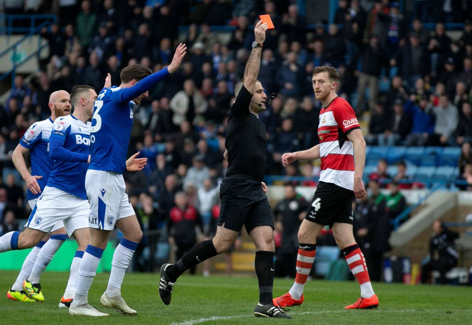 Referee Alex Chilowicz sends off Doncaster keeper Thimothee Lo-Tutala in the second half at Priestfield Picture: @Julian_KPI