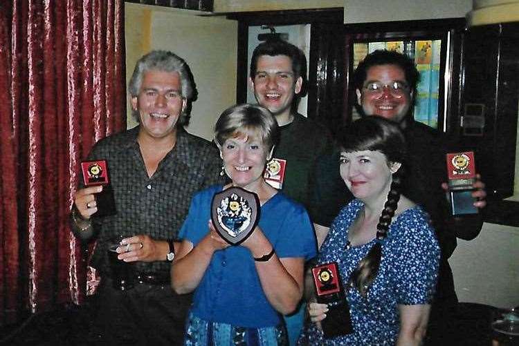 The Greyhound pub, Rochester quiz team in the 90s, with landlady Wendy Stenhouse in the centre