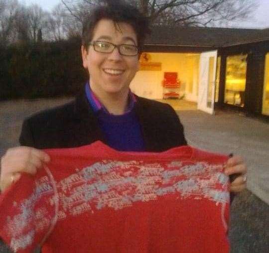Comedian Michael McIntyre poses with a t-shirt 'lost' by a reveller at the much-missed 'Priz' nightclub in Folkestone