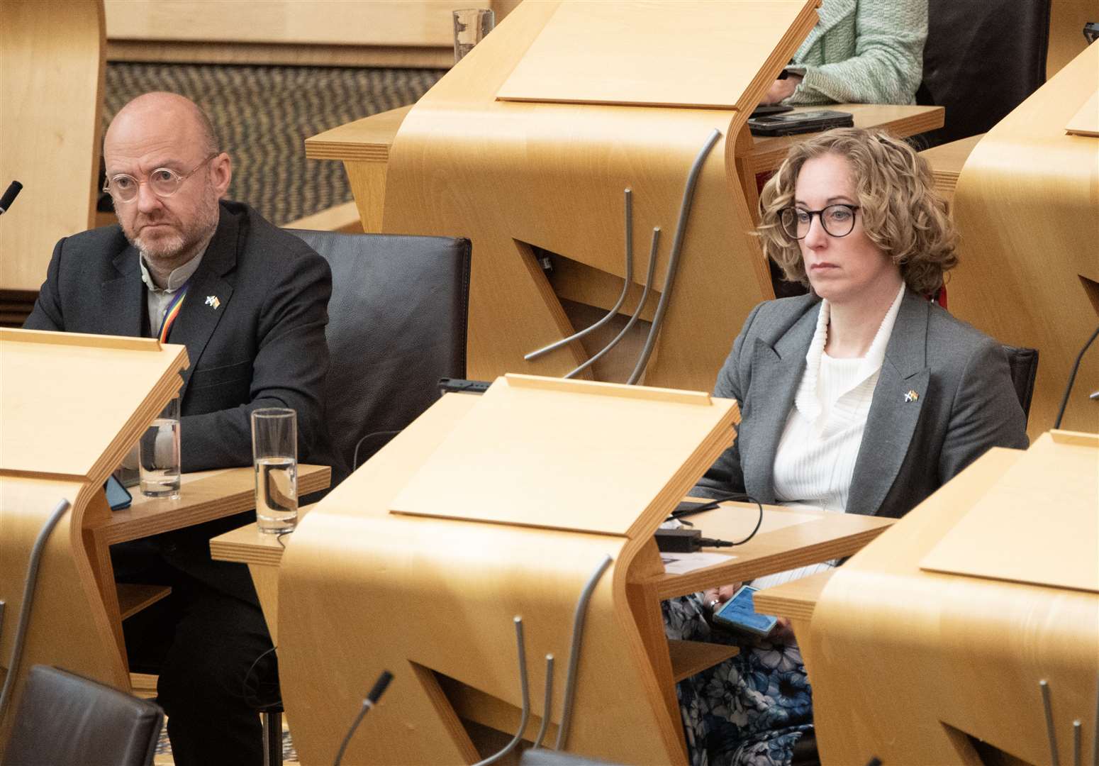 Scottish Green co-leaders Lorna Slater and Patrick Harvie at the Scottish Parliament shortly after First Minister Humza Yousaf terminated the Bute House Agreement (Lesley Martin/PA)